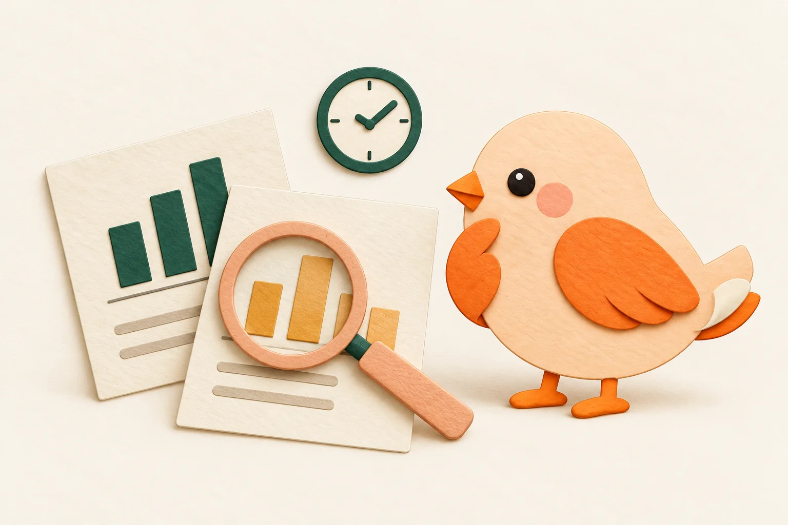 A thoughtful paper bird compares two report charts with a magnifying glass and clock.