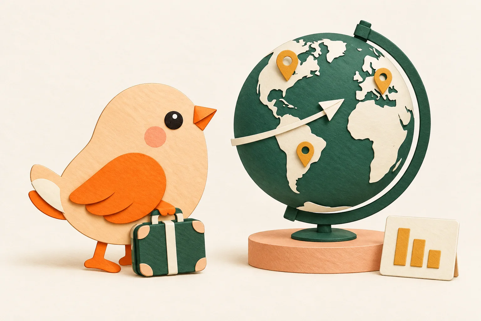 A paper bird with a suitcase beside a globe, map pins and a small chart.