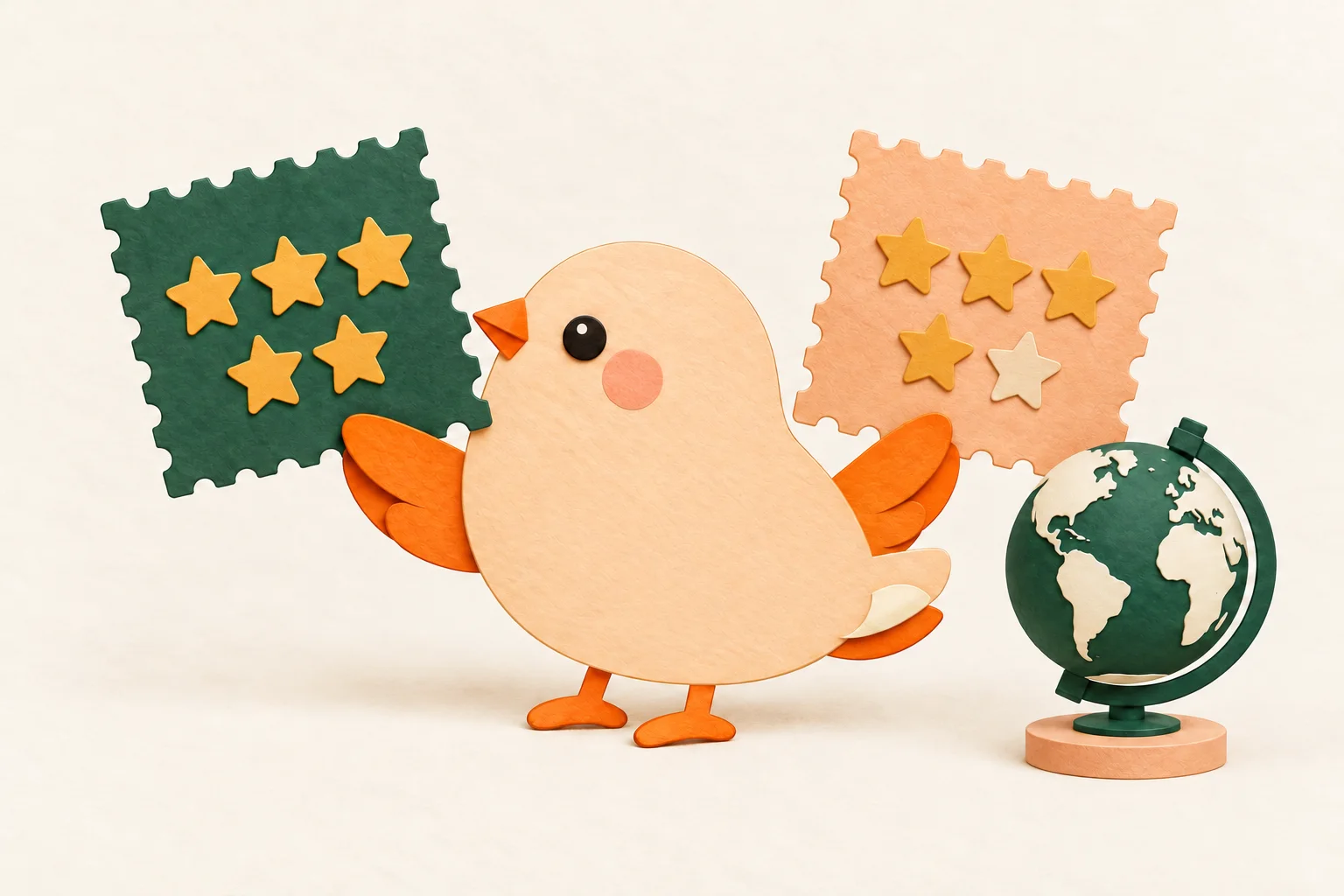 A paper bird holds two postage stamps with different star ratings beside a globe.