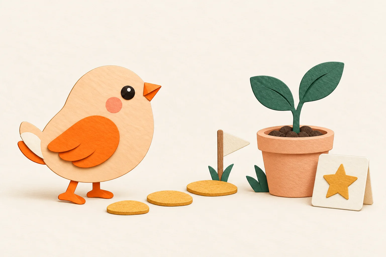 A paper bird follows stepping stones towards a sprout and a small milestone flag.