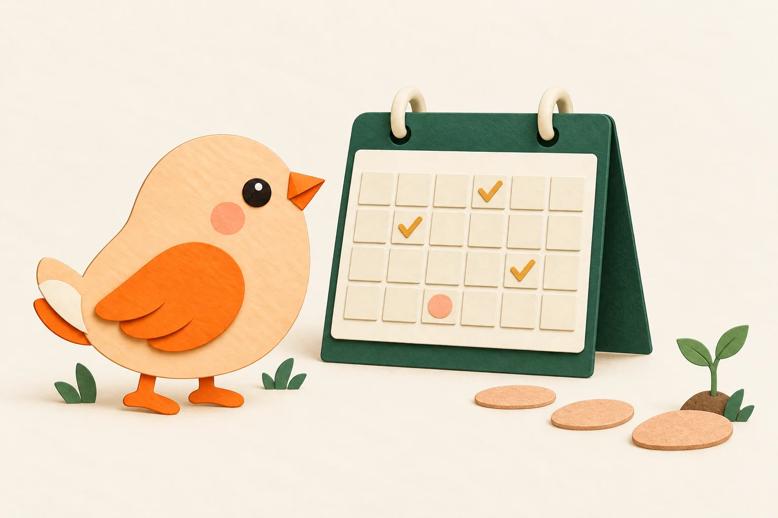 A paper bird beside a calendar, stepping stones and a young sprout.