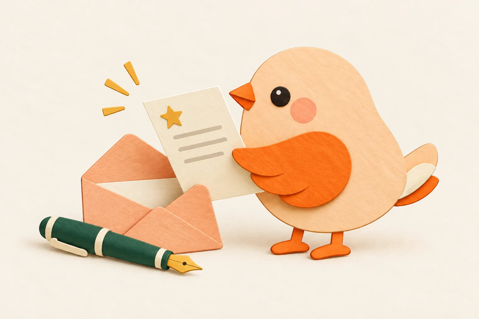 A paper bird reads a letter with one star beside an envelope and fountain pen.