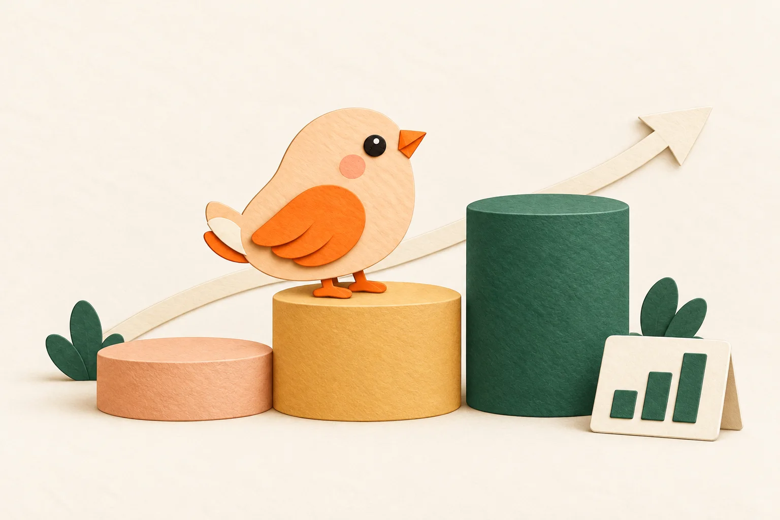 A paper bird on a small podium beside a rising path and a separate report card.