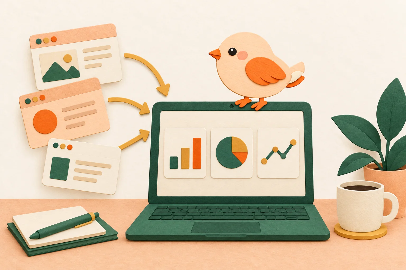 A paper bird perches on a laptop as several separate windows converge into one dashboard.