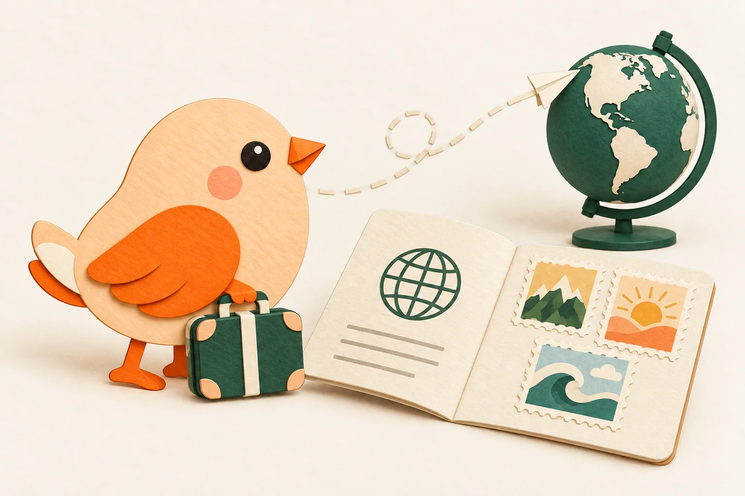 A travelling paper bird beside an open passport, landscape stamps and a globe.