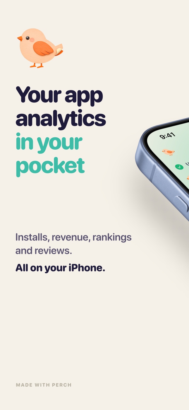 Perch for iPhone: your app analytics in your pocket. Installs, revenue, rankings and reviews.