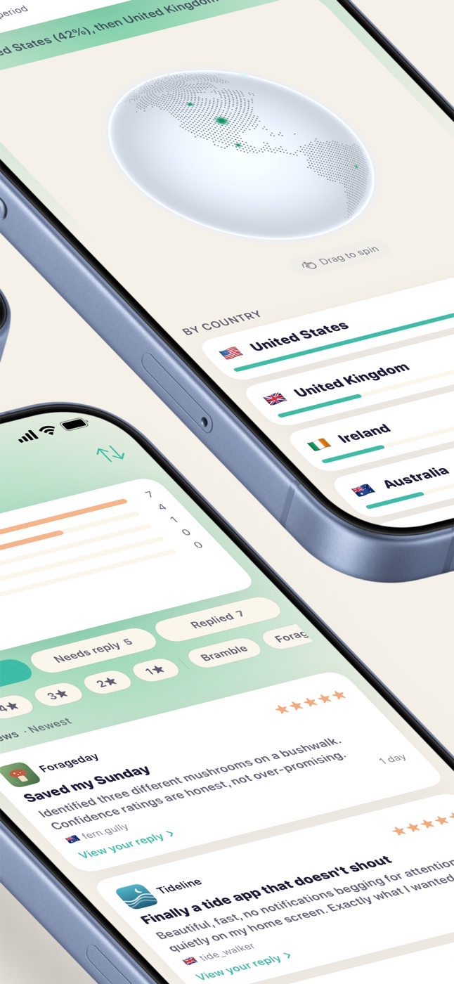 Perch for iPhone: an interactive globe of installs by country, and reviews you can filter and reply to.