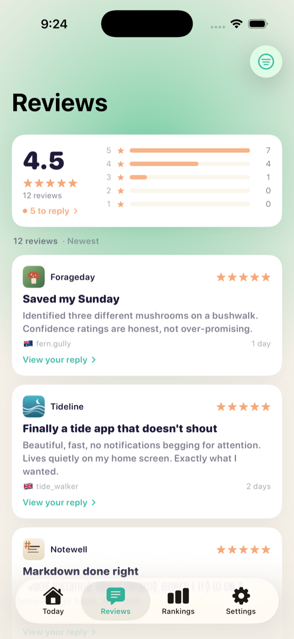 Perch for iPhone: the Reviews screen with an average rating and star distribution.